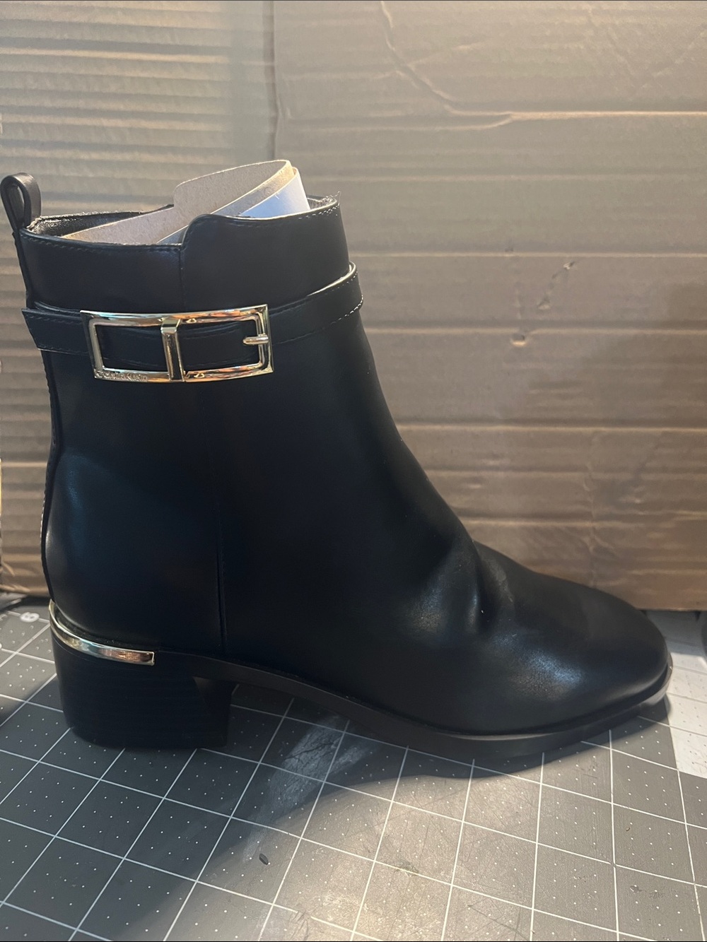 Calvin Klein Black Ankle Boot with Gold Buckle - Women's Fashion Boot